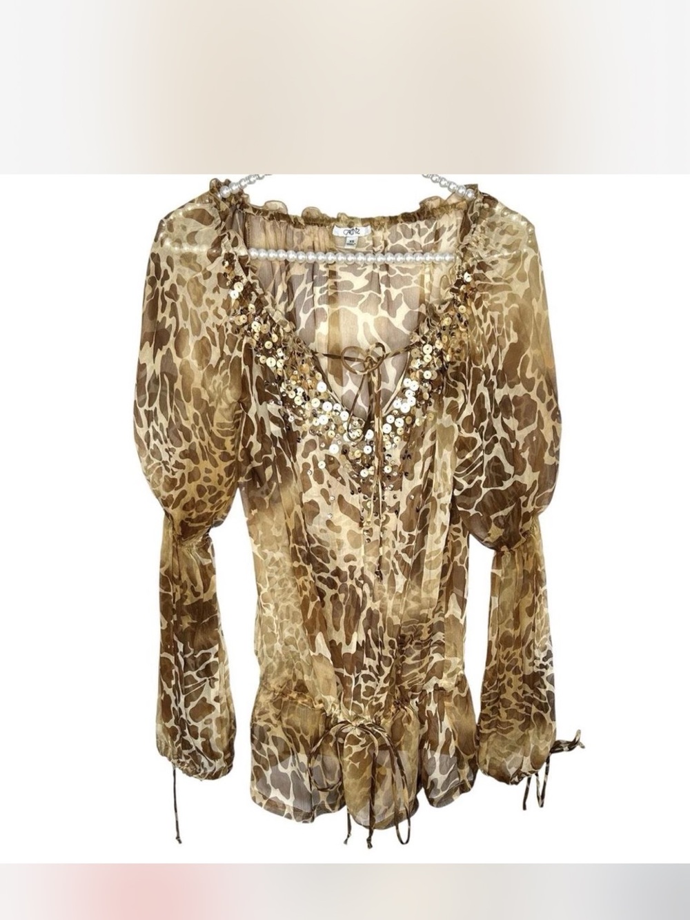 Cache Brown Animal-Print Sequin Peasant Blouse
